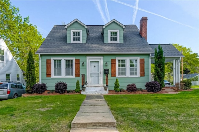 cape cod home with a chimney, a front lawn, and a shingled roof
