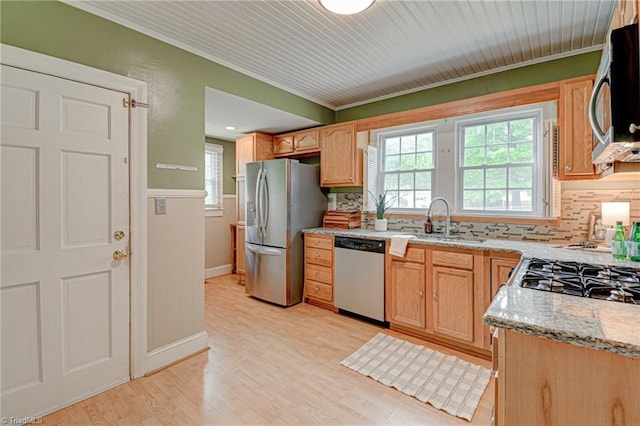 kitchen with light wood-style floors, tasteful backsplash, stainless steel appliances, and a sink
