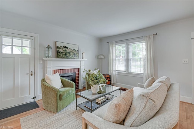 living area featuring light wood finished floors, baseboards, a fireplace, and crown molding