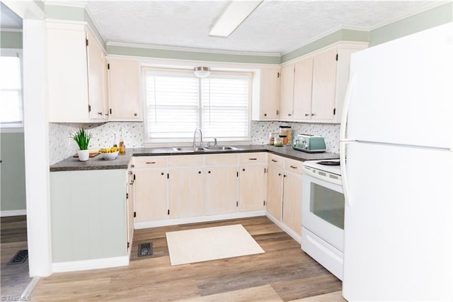 kitchen featuring sink, white appliances, backsplash, light wood-type flooring, and crown molding