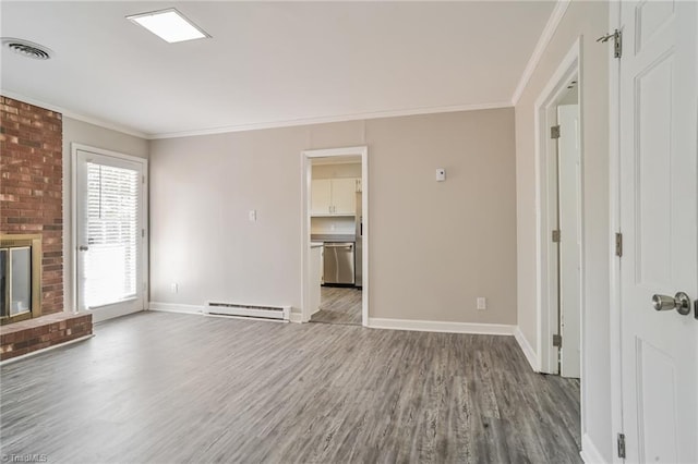 unfurnished living room with a fireplace, crown molding, light wood-type flooring, and baseboard heating