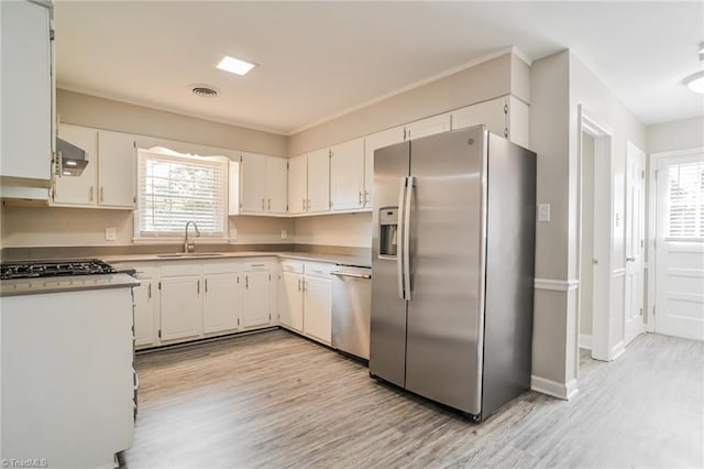 kitchen with white cabinets, light hardwood / wood-style floors, sink, and stainless steel appliances