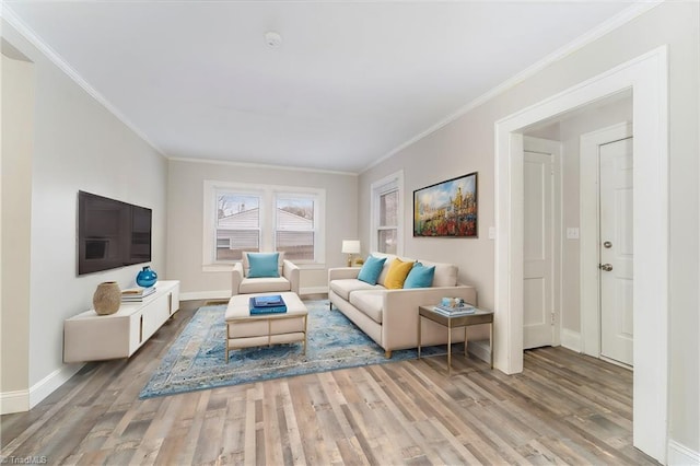 living room featuring crown molding and wood-type flooring