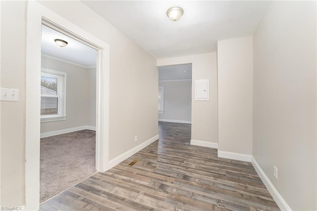 hallway featuring dark wood-type flooring