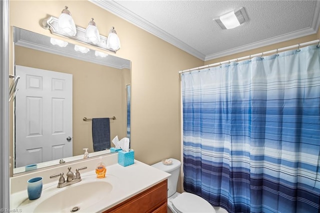 269 Country Villa Dr, Lexington, NC 27295 - bathroom with a textured ceiling, vanity, toilet, ornamental molding, and a shower with shower curtain