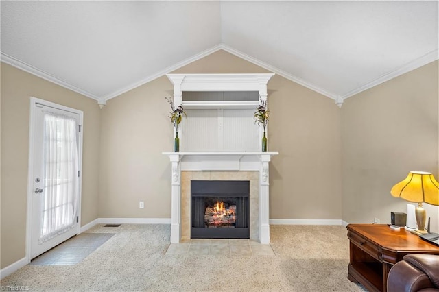 269 Country Villa Dr, Lexington, NC 27295 - carpeted living room with lofted ceiling, a tile fireplace, baseboards, and crown molding