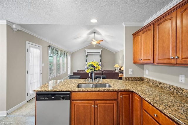 269 Country Villa Dr, Lexington, NC 27295 - kitchen with dishwashing machine, a sink, a peninsula, stone countertops, and a textured ceiling