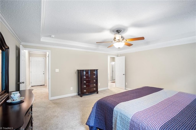 269 Country Villa Dr, Lexington, NC 27295 - bedroom featuring a textured ceiling, light carpet, crown molding, ceiling fan, and baseboards