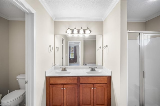 269 Country Villa Dr, Lexington, NC 27295 - full bathroom with a stall shower, double vanity, toilet, crown molding, and a textured ceiling