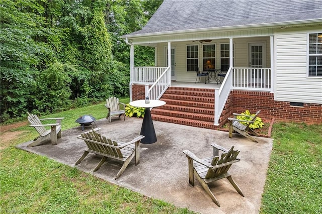 269 Country Villa Dr, Lexington, NC 27295 - porch with a ceiling fan, a yard, and a patio