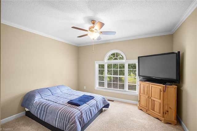 269 Country Villa Dr, Lexington, NC 27295 - bedroom featuring light colored carpet, baseboards, crown molding, a textured ceiling, and ceiling fan