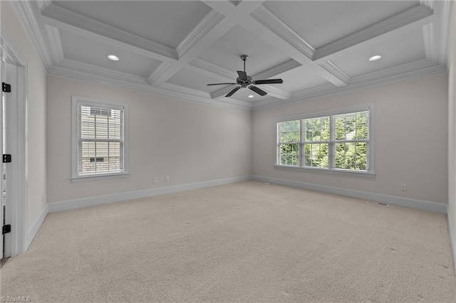 2507 Duck Club Rd, Greensboro, NC 27410 - spare room featuring coffered ceiling, light carpet, recessed lighting, beam ceiling, and ceiling fan