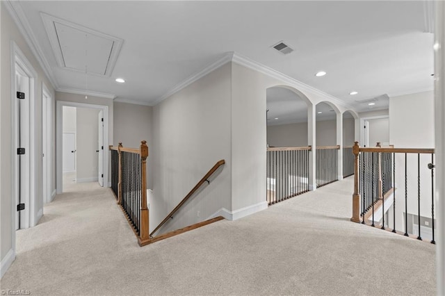 2507 Duck Club Rd, Greensboro, NC 27410 - hallway with an upstairs landing, attic access, carpet flooring, recessed lighting, and ornamental molding