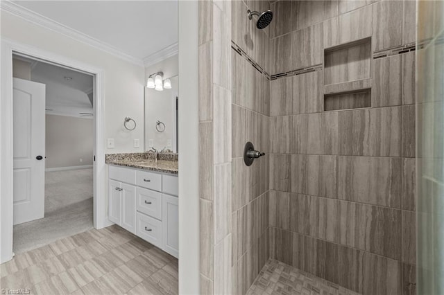 2507 Duck Club Rd, Greensboro, NC 27410 - bathroom featuring vanity, crown molding, and tiled shower