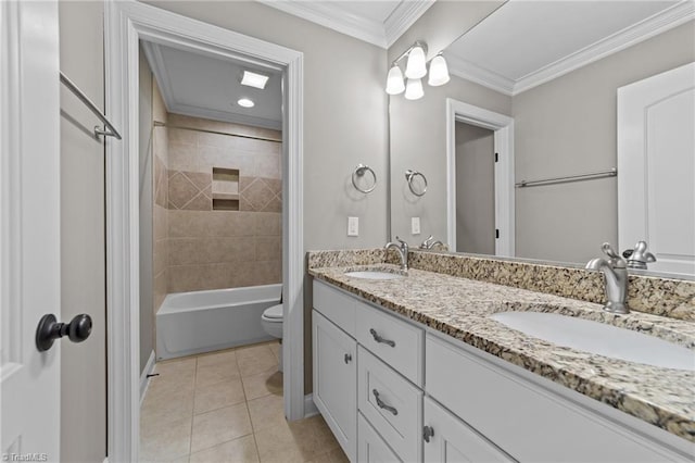2507 Duck Club Rd, Greensboro, NC 27410 - bathroom with double vanity, tile patterned floors, ornamental molding, recessed lighting, and bathing tub / shower combination