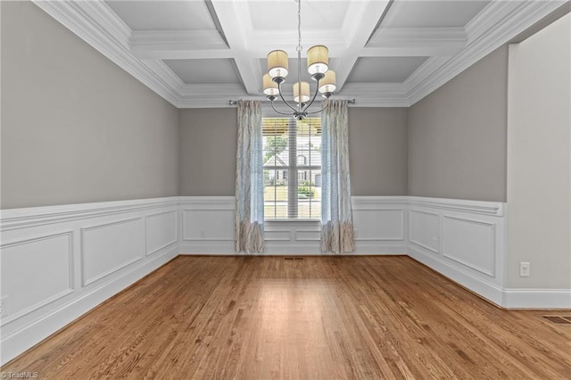 2507 Duck Club Rd, Greensboro, NC 27410 - unfurnished dining area with wood finished floors, a chandelier, beam ceiling, coffered ceiling, and ornamental molding