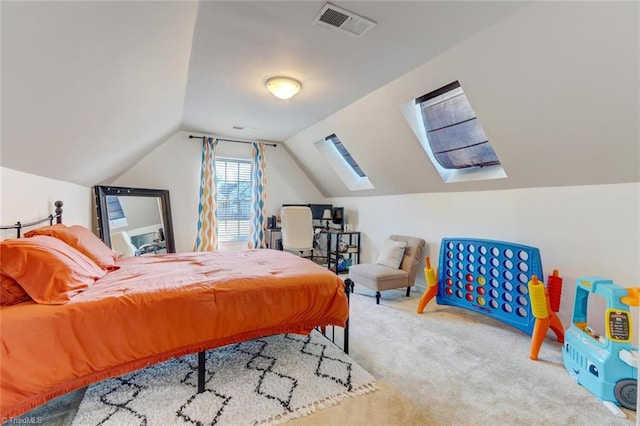 bedroom featuring light carpet and lofted ceiling