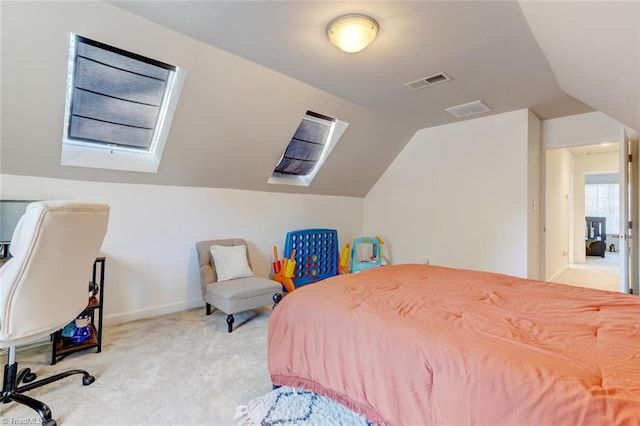 bedroom featuring light colored carpet and lofted ceiling