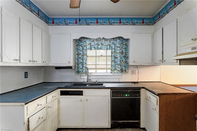 kitchen with ceiling fan, dishwasher, white cabinets, and sink