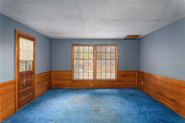 carpeted empty room with a textured ceiling, a healthy amount of sunlight, and wood walls