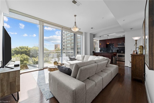 living room featuring dark wood-type flooring, a wealth of natural light, and floor to ceiling windows