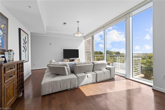 living room with dark wood-type flooring and floor to ceiling windows