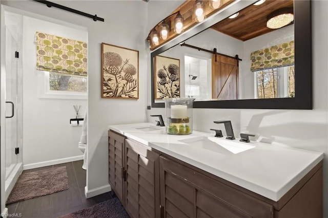 bathroom featuring wood ceiling, wood-type flooring, vanity, toilet, and walk in shower