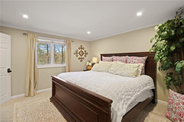 carpeted bedroom featuring ornamental molding