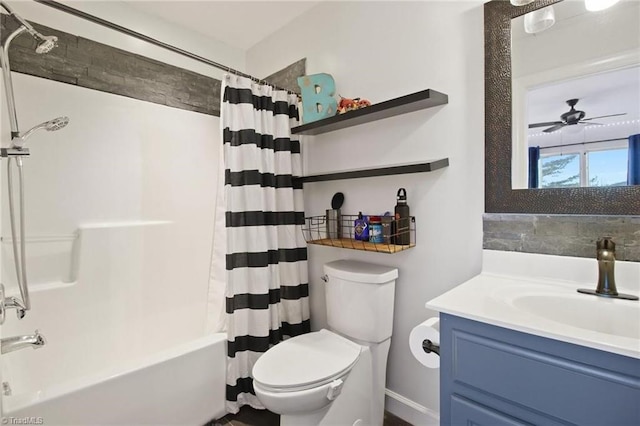 full bathroom featuring toilet, vanity, and shower / tub combo with curtain