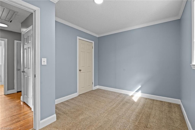 interior space with crown molding, carpet, and a textured ceiling