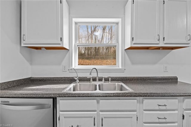 kitchen with stainless steel dishwasher, sink, and white cabinets