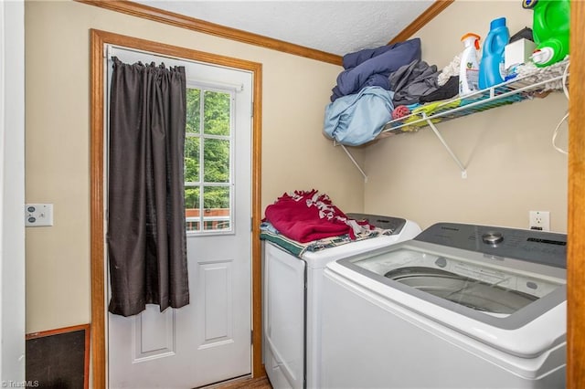 1030 Endeavour Ln, Walnut Cove, NC 27052 - clothes washing area featuring independent washer and dryer, ornamental molding, and a textured ceiling