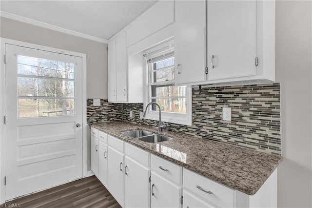 kitchen featuring tasteful backsplash, light stone counters, ornamental molding, white cabinetry, and a sink