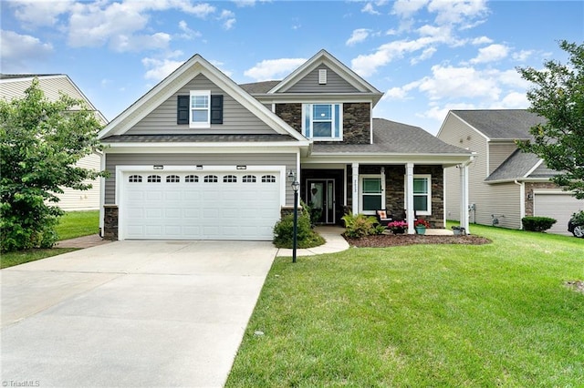 2452 Tannin Ct, High Point, NC 27265 - craftsman-style home with stone siding, driveway, a front lawn, a porch, and an attached garage
