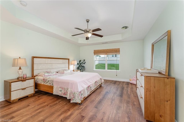 2452 Tannin Ct, High Point, NC 27265 - bedroom featuring a tray ceiling, wood finished floors, and a ceiling fan