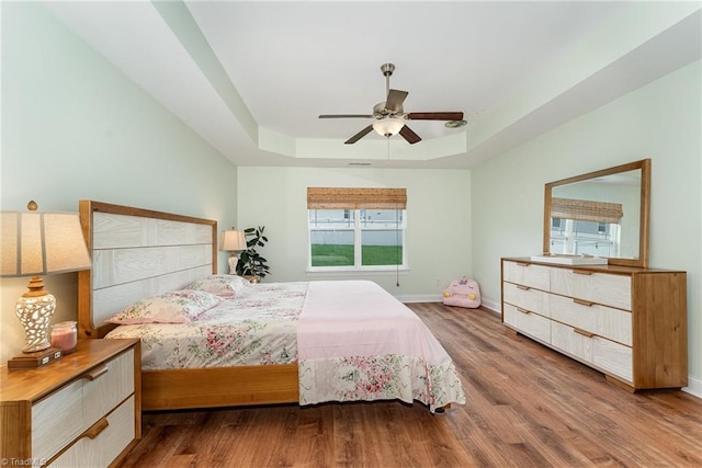 2452 Tannin Ct, High Point, NC 27265 - bedroom featuring a tray ceiling, wood finished floors, and a ceiling fan