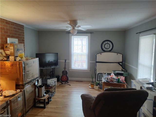 living room with light hardwood / wood-style floors, ceiling fan, and ornamental molding