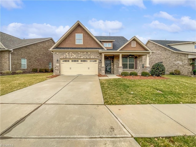 craftsman-style house with a front yard, brick siding, and driveway