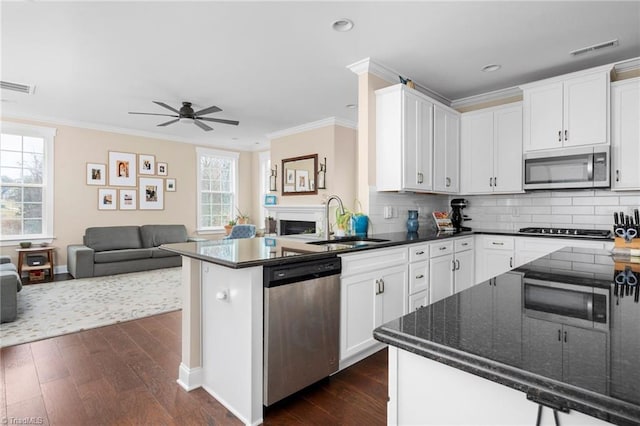 kitchen with white cabinetry, ornamental molding, appliances with stainless steel finishes, and sink