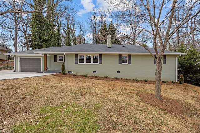 single story home with a front yard, a chimney, a garage, crawl space, and driveway