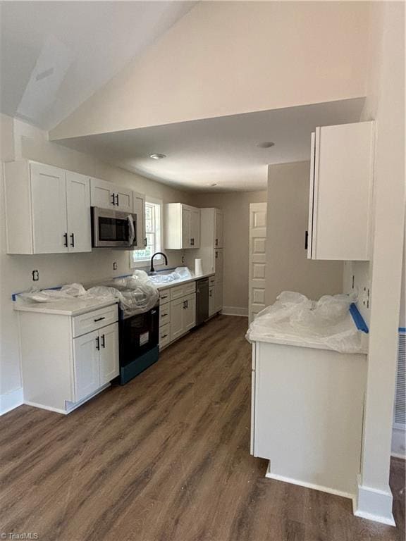 1017 Virginia St, Thomasville, NC 27360 - kitchen with appliances with stainless steel finishes, light countertops, dark wood finished floors, and vaulted ceiling