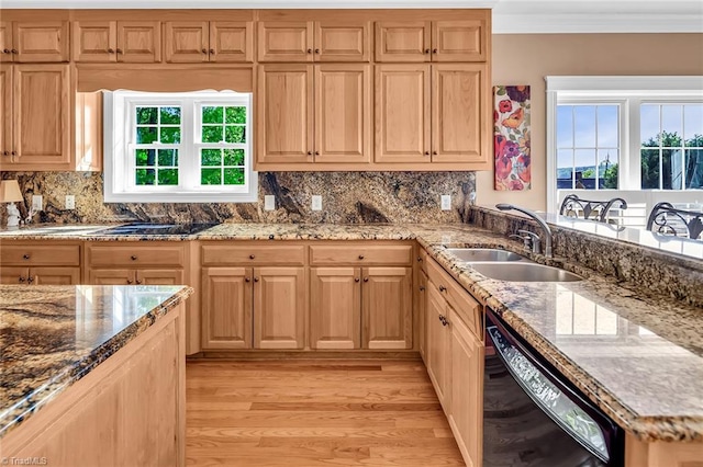 338 Fairfield Ct, Mount Gilead, NC 27306 - kitchen with black appliances, a sink, light wood-style floors, crown molding, and backsplash