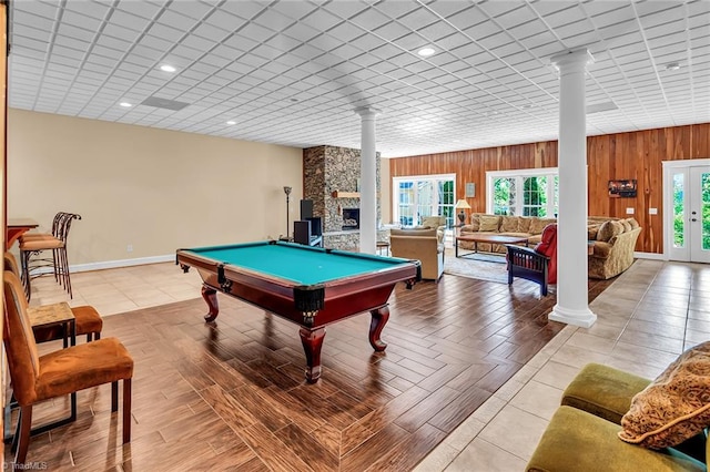 338 Fairfield Ct, Mount Gilead, NC 27306 - rec room with decorative columns, wooden walls, billiards, baseboards, and light tile patterned floors