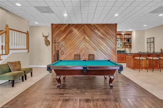 338 Fairfield Ct, Mount Gilead, NC 27306 - playroom featuring billiards table, wet bar, baseboards, recessed lighting, and wooden walls