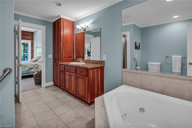 338 Fairfield Ct, Mount Gilead, NC 27306 - ensuite bathroom with a tub with jets, vanity, ornamental molding, tile patterned flooring, and toilet