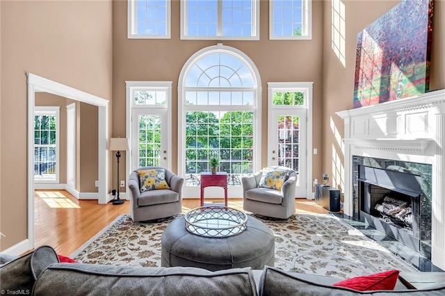 338 Fairfield Ct, Mount Gilead, NC 27306 - living area featuring a high ceiling, wood finished floors, a premium fireplace, healthy amount of natural light, and baseboards