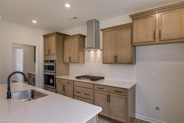 kitchen with a sink, light countertops, wall chimney range hood, appliances with stainless steel finishes, and backsplash