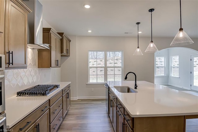 kitchen featuring light wood-style flooring, stainless steel appliances, a sink, wall chimney range hood, and decorative backsplash