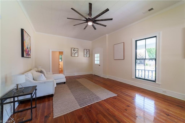 301 S Shaver St, Salisbury, NC 28144 - living area featuring crown molding, ceiling fan, plenty of natural light, and hardwood / wood-style floors