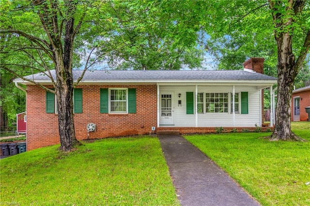 1400 Waybridge Ln, Winston-Salem, NC 27103 - single story home with a chimney, a front lawn, brick siding, and a porch